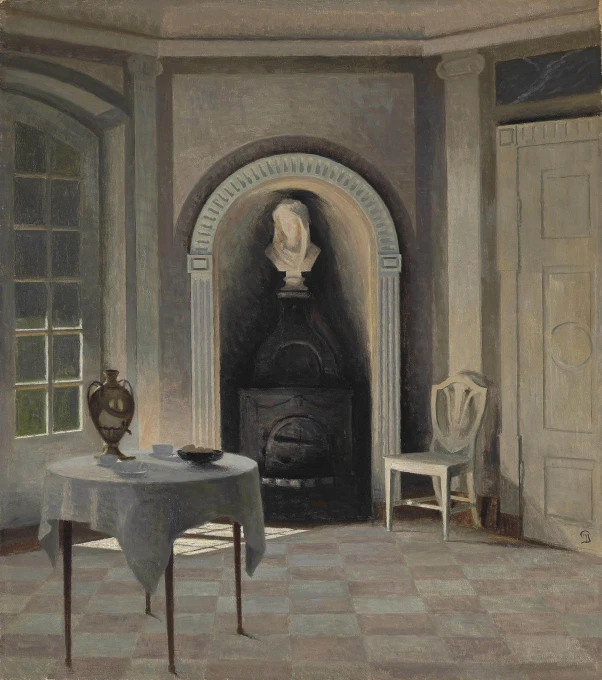 a painting of an archway and a table