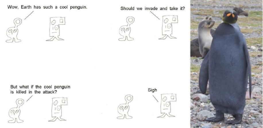 a drawing is next to a picture of a penguin