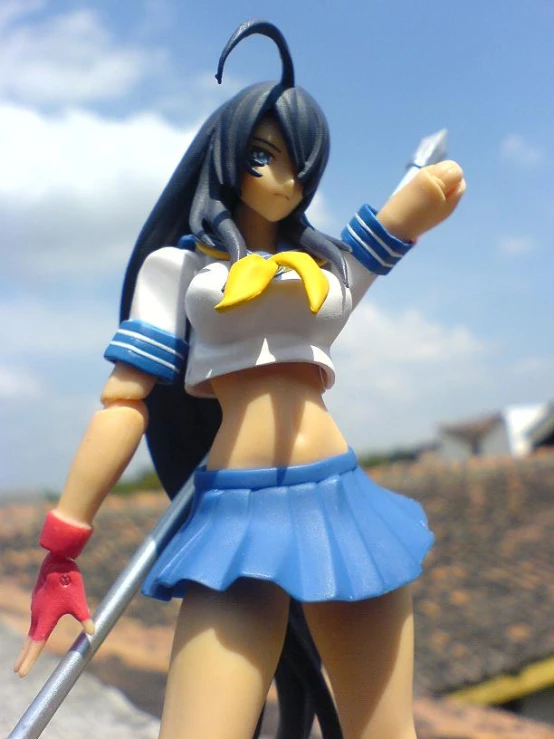 an action figure wearing a blue and white outfit