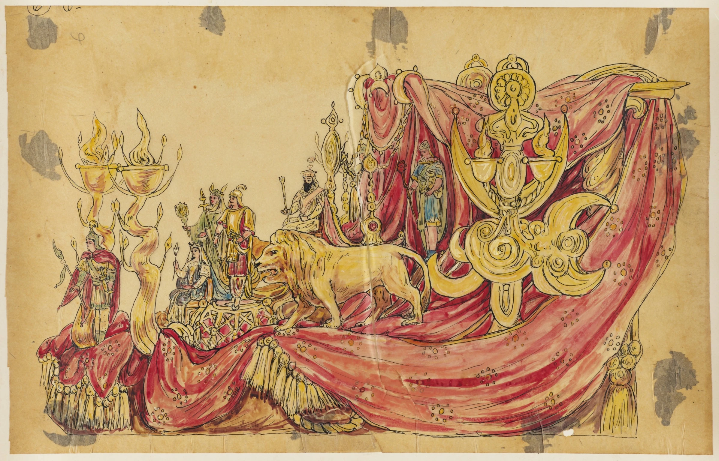 an antique drawing with animals and the colors of red, yellow, and green