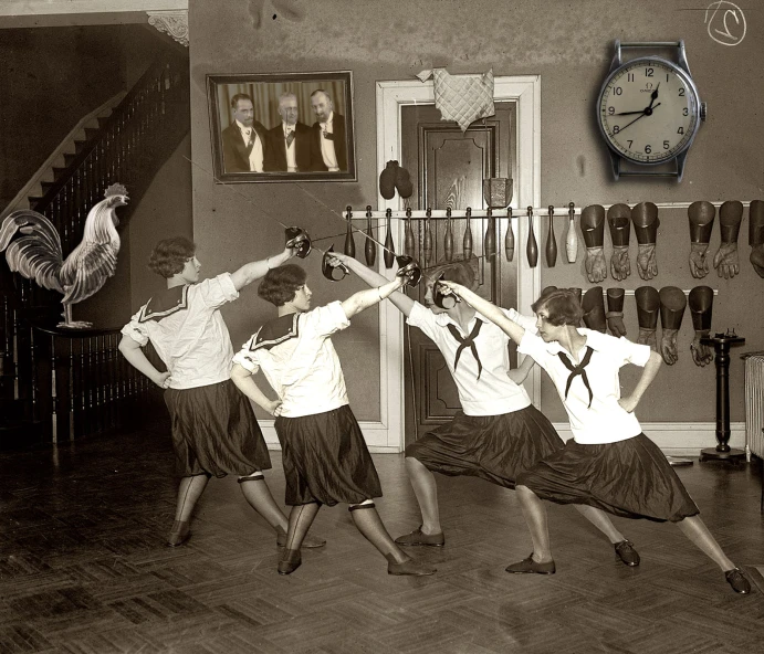 several women dressed in skirts and ties dancing together