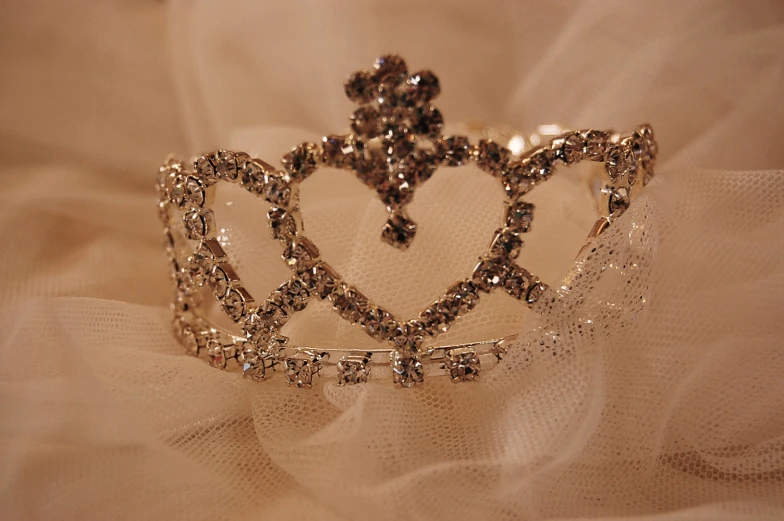 a white princess's tiara sitting on top of a pink tulle
