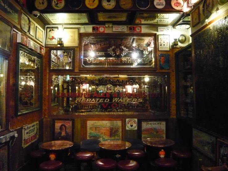 a pub with several stools and wall decorations