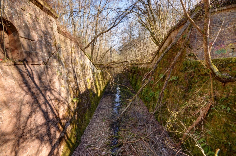 a path next to a brick wall on a sunny day