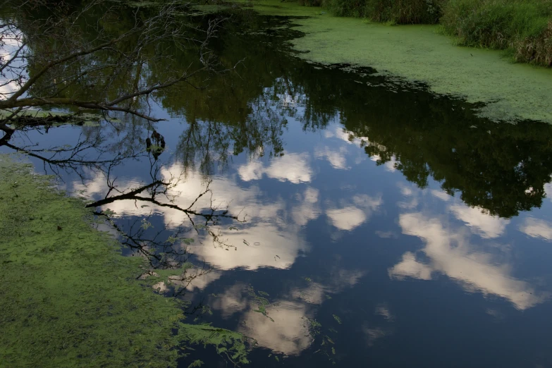 sky and clouds are reflected in the still water