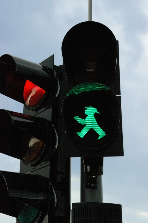 a traffic signal with green light, showing a pedestrian walking sign