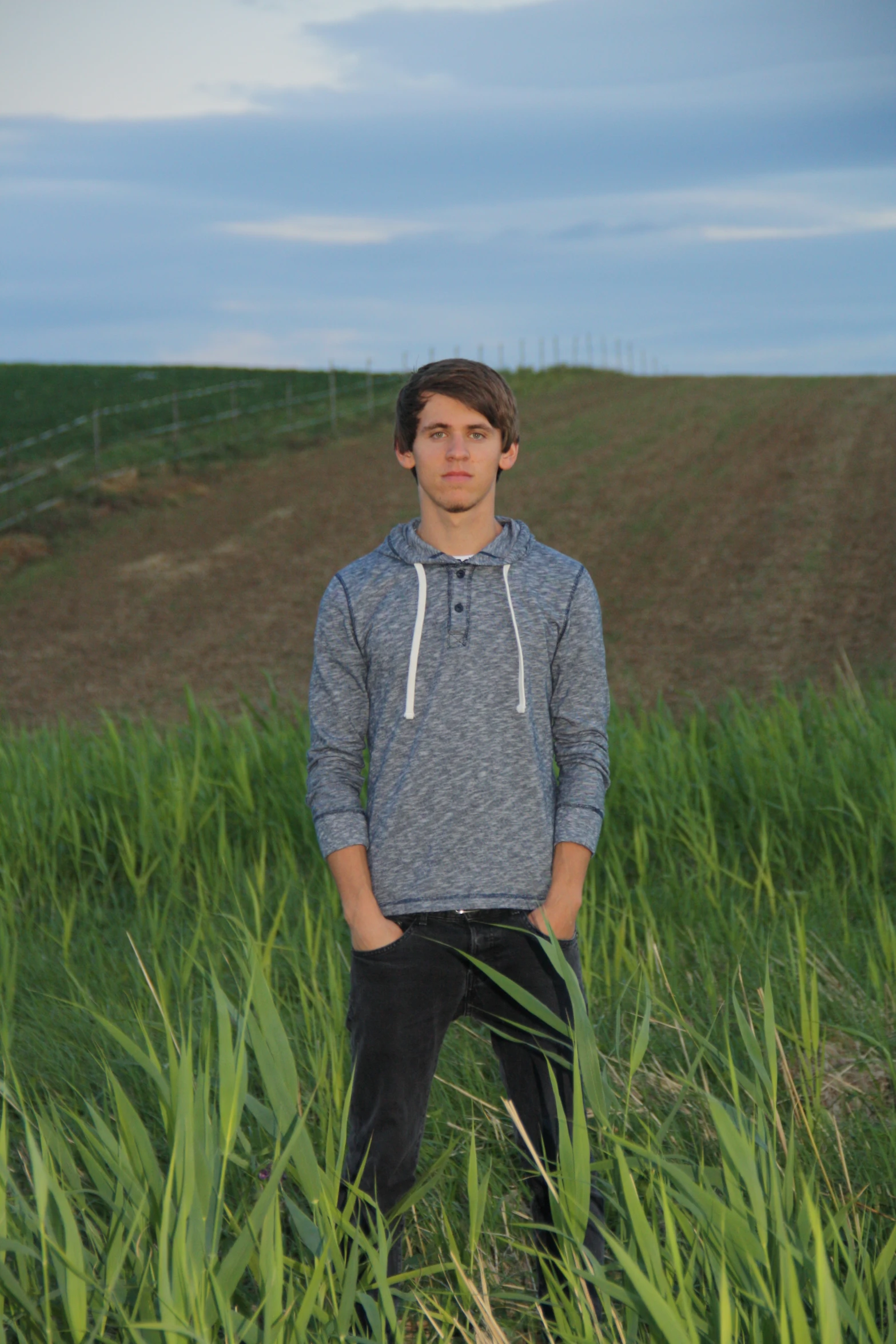 a boy in a gray sweater is standing in tall grass