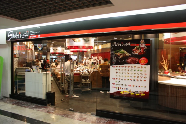 a store front showing various food items