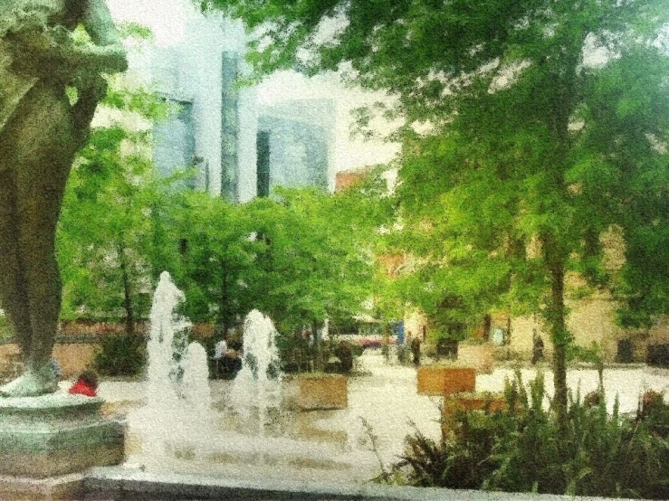 a pograph of an urban park with people and trees