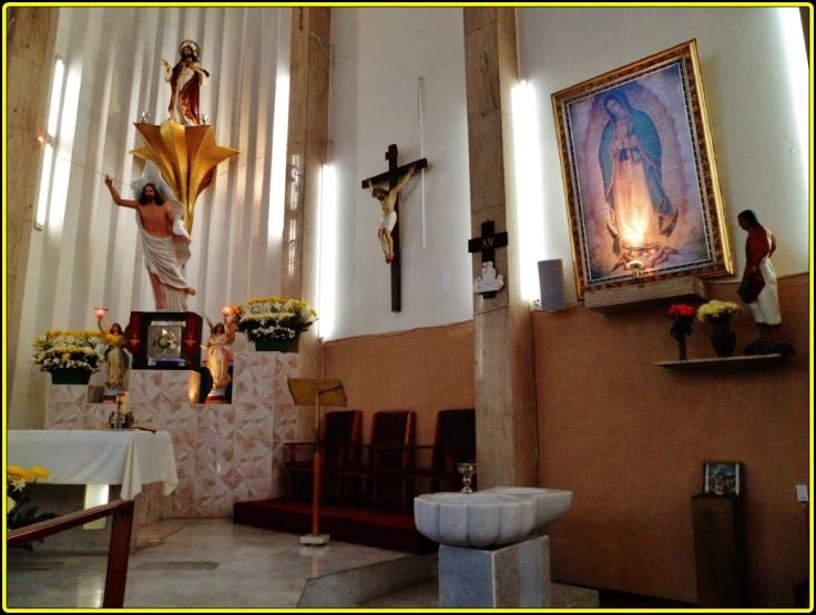 a religious church with decorations inside and in the corner