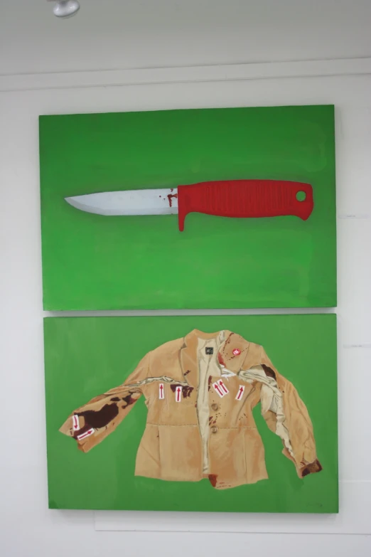 two paintings of an outfit with a knife