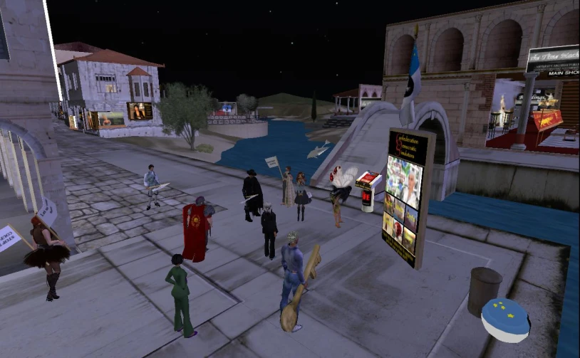 an animation scene of people walking on a sidewalk