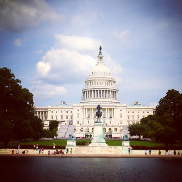 some people are standing near the water and in front of the capitol building