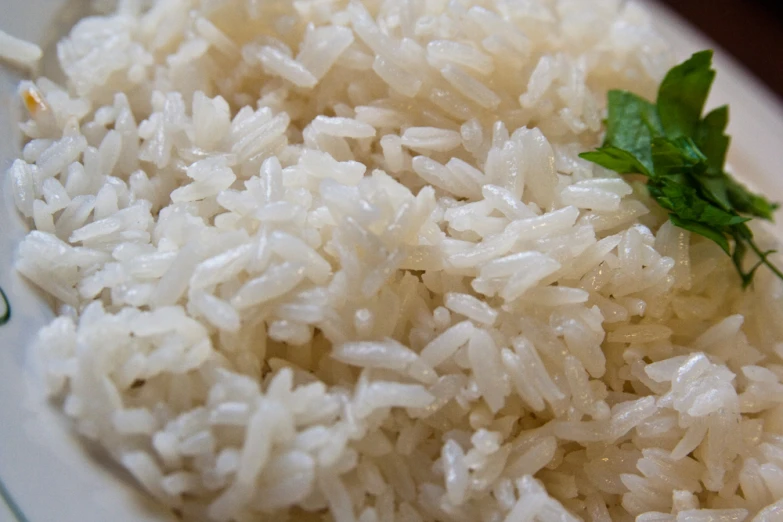 white rice is sitting on a plate topped with green leaves