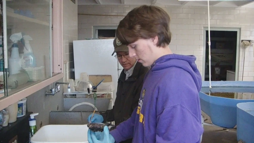 two men are standing in a kitchen with dishes in them