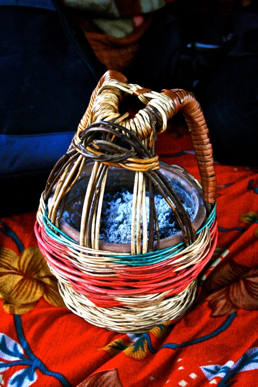 a basket sitting on top of a red blanket