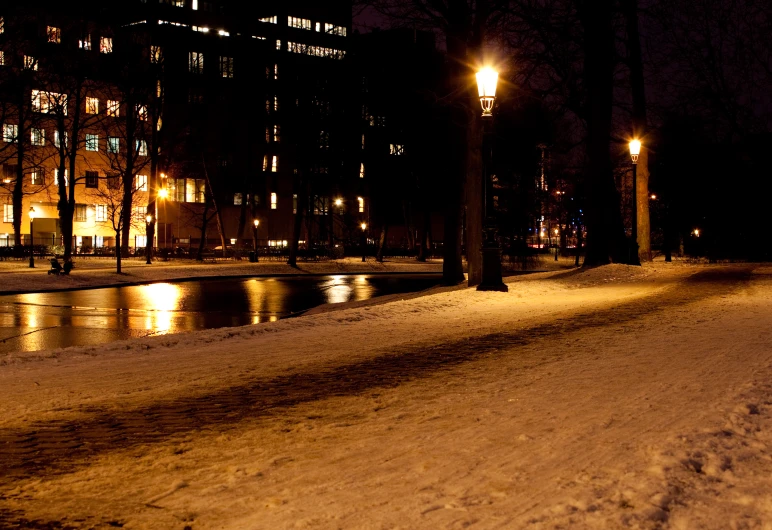 snow covered street lights reflecting in water at night