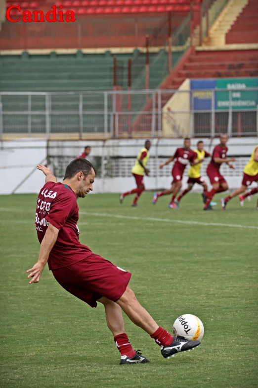 a person kicks a soccer ball in the field