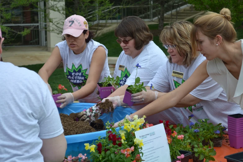 the women are plant some plants in their buckets