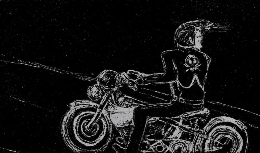 a black and white drawing of a woman riding on the back of a motorcycle