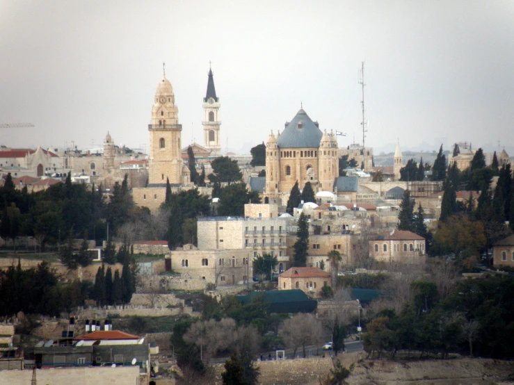 a large city has several towers, buildings, and trees on top of it