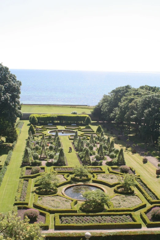 an aerial view of a large formal garden