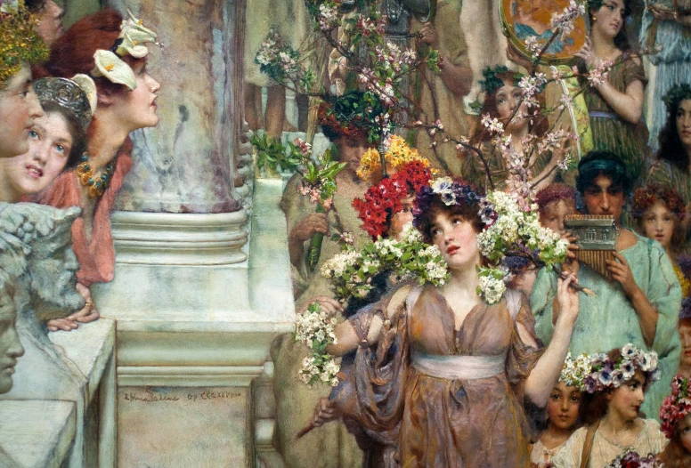 the painting depicts a lot of people, including girls and flowers