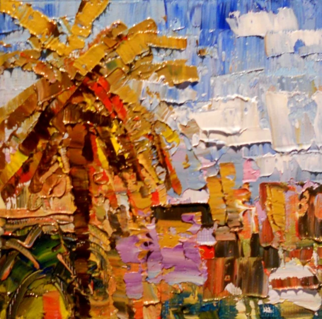 an oil painting of palm tree and buildings