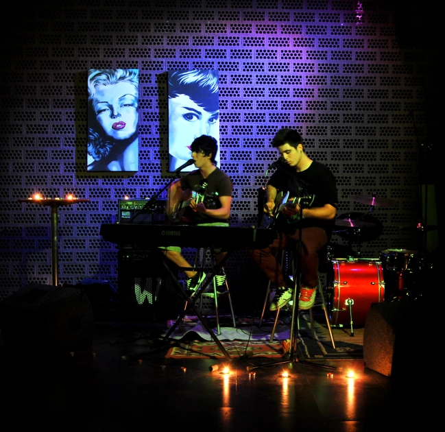 a couple of people sitting on some stools