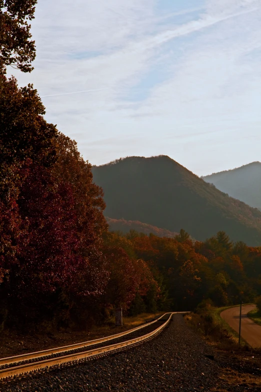 a train track through a forested, mountainous area