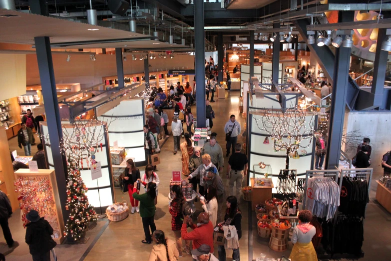 the view from the second floor looking down at a christmas shop