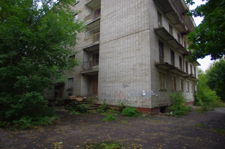 a tall building with many windows and a few bushes