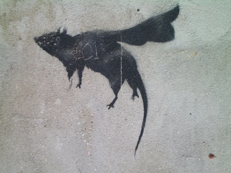 graffiti on the side of a building shows a flying mouse