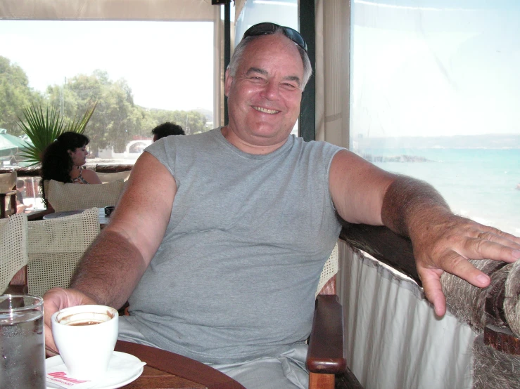 a person sitting at a table with a coffee