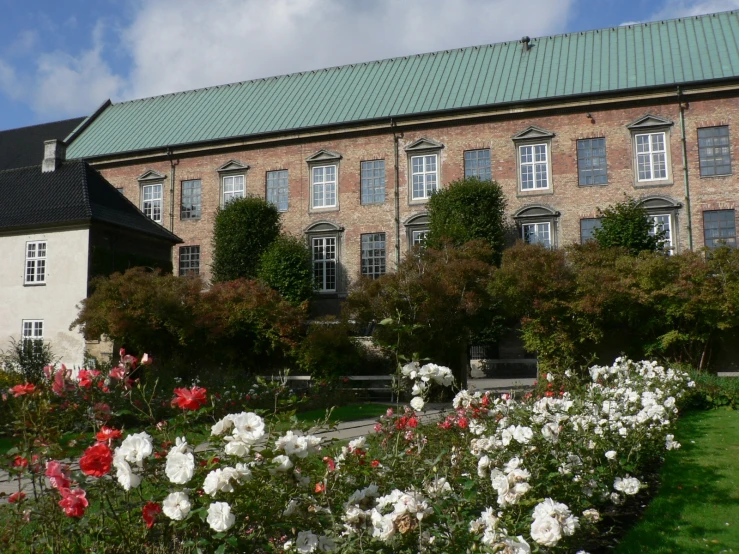 roses in front of a building that looks like a large mansion