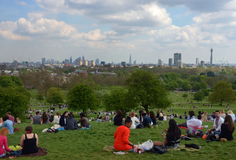 people are sitting on the grass in the park