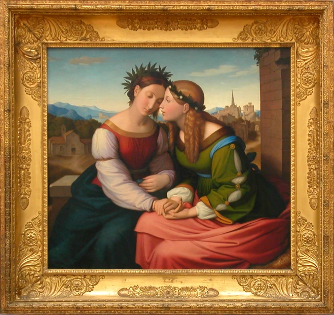 a painting with a couple hugging on the face