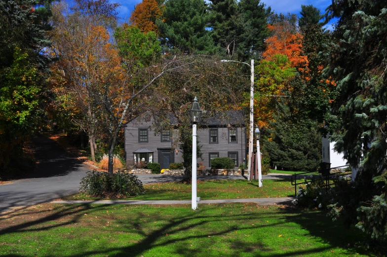 a street sign near the curb of a home surrounded by trees