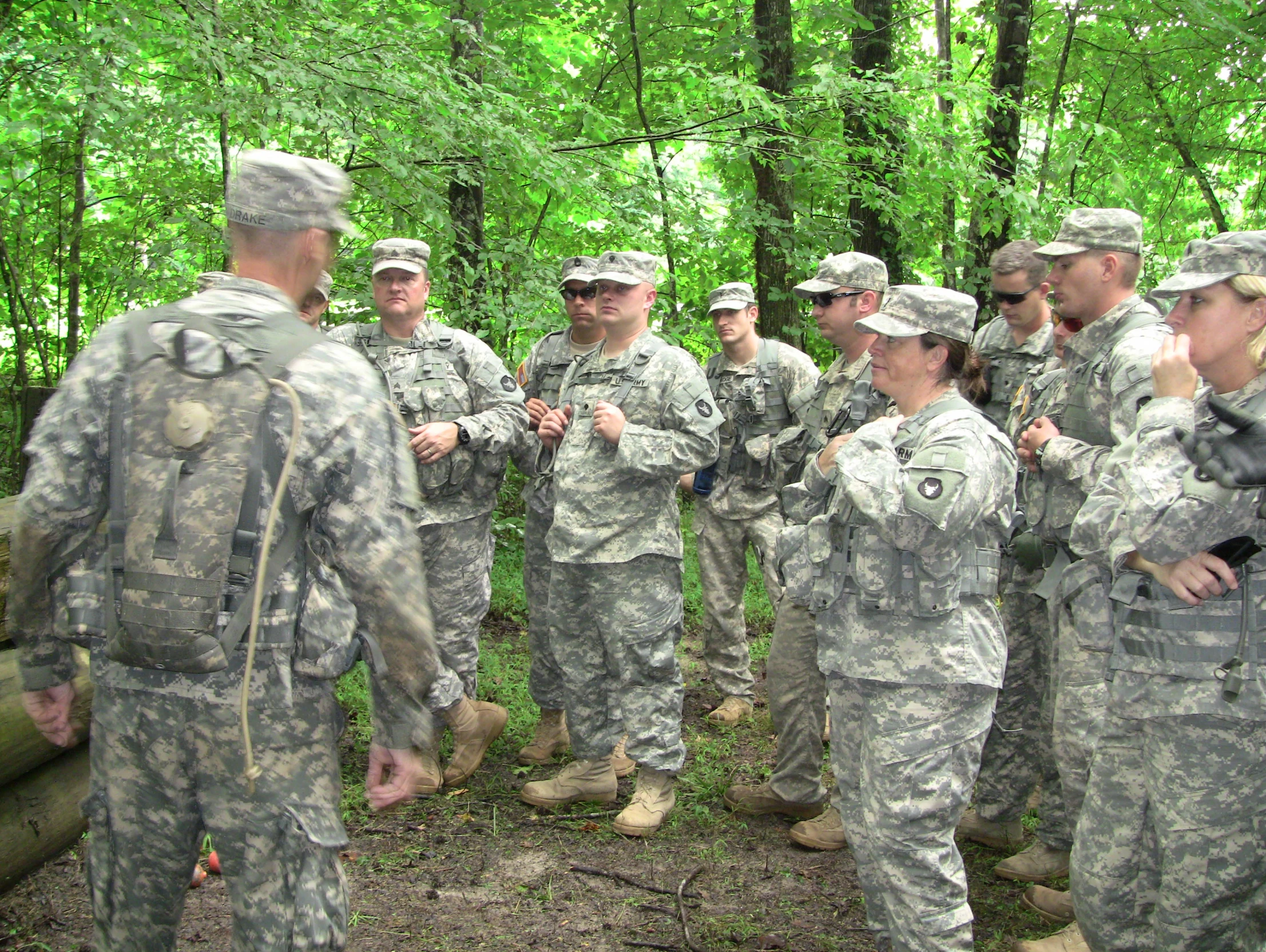 group of army men having conversation in the woods