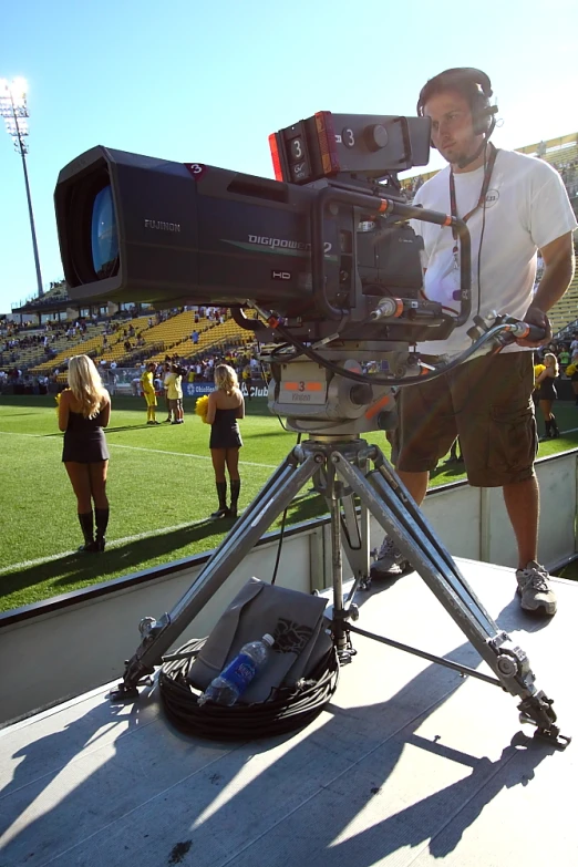 a camera being used on top of a television set in the middle of a football field