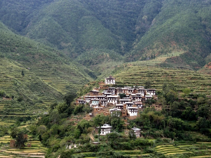 small village nestled high up among the mountain sides