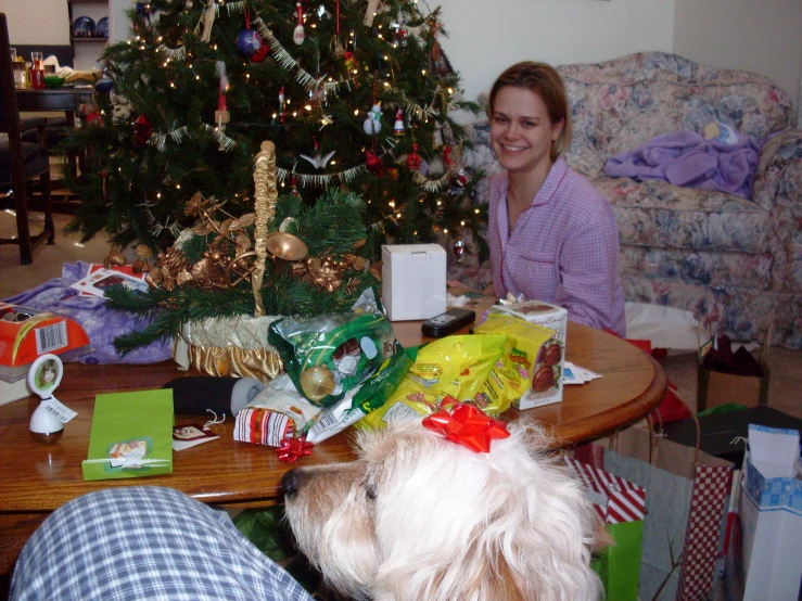 a lady sitting at a table with her dog with presents in her hair