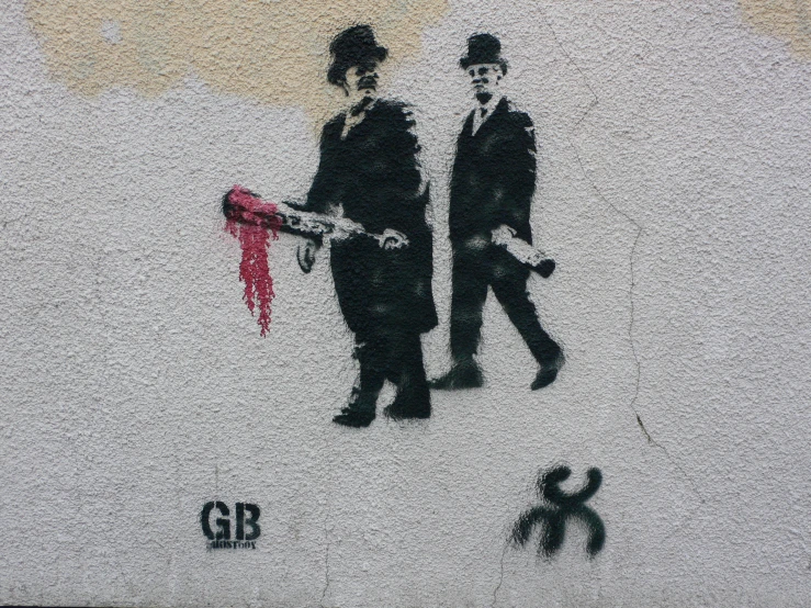 a painting depicting two men wearing suits and holding weapons