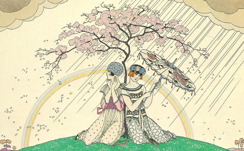 two people on the ground under a tree and the sky