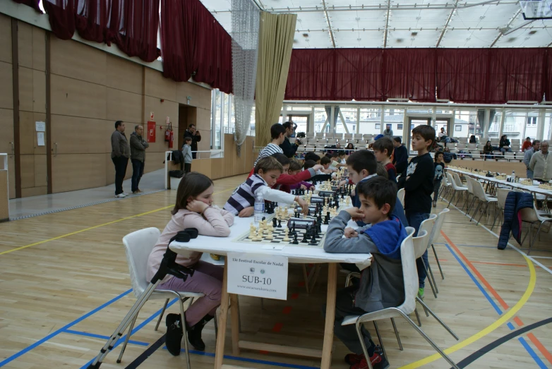 a group of children playing chess at a table