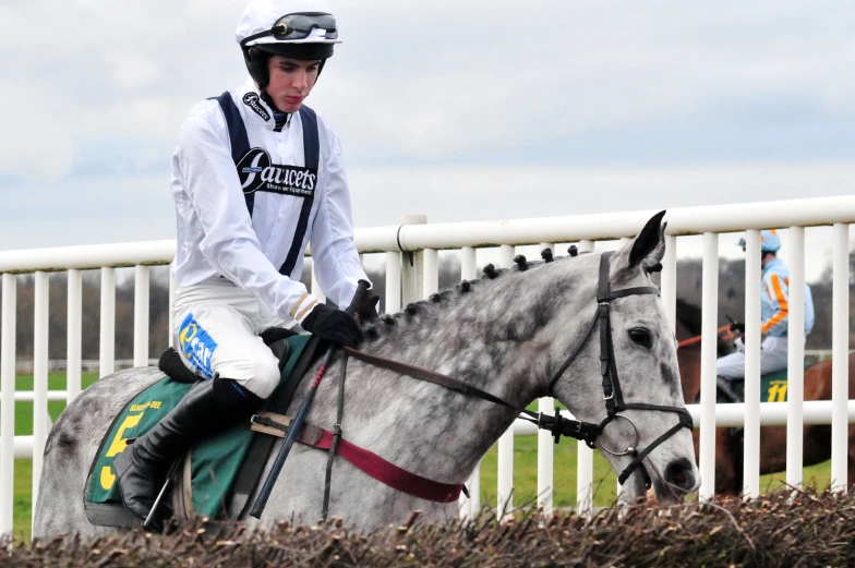 a man riding on the back of a gray horse