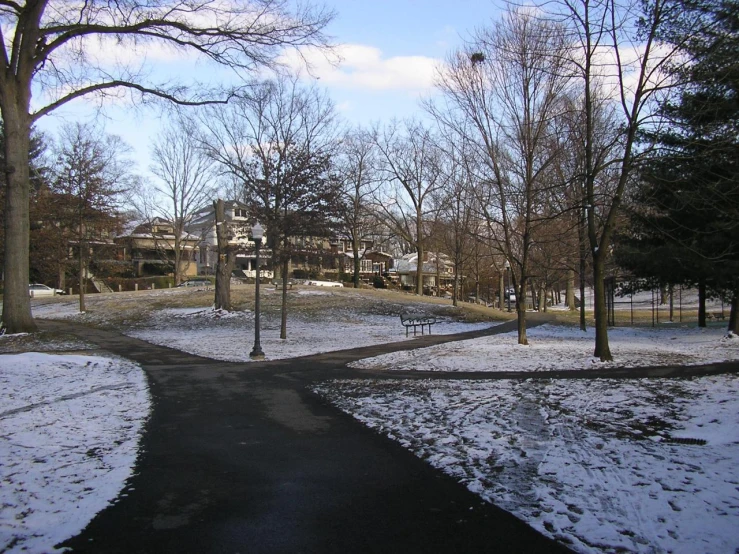 a view of the park, trees and road with snow on it