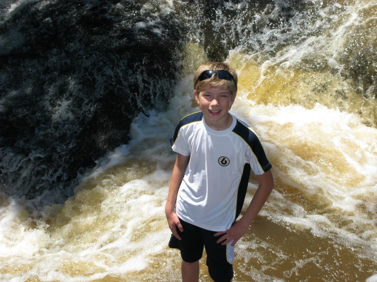  wearing eye glasses standing in water looking at camera