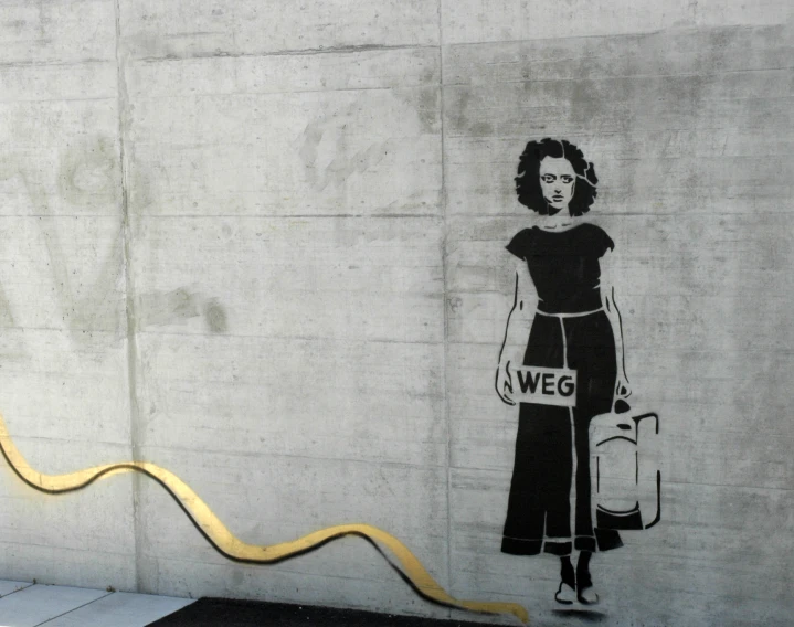 a wall mural with a woman wearing a dress and holding a luggage bag