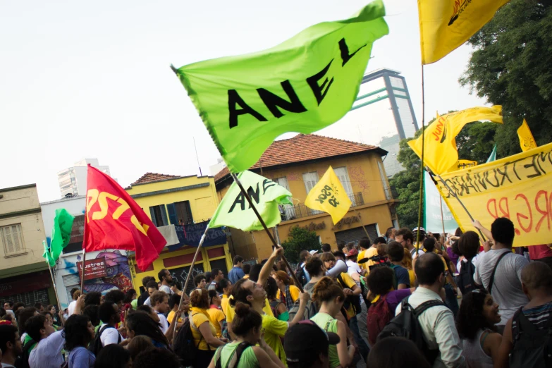 many people are holding yellow and green flags